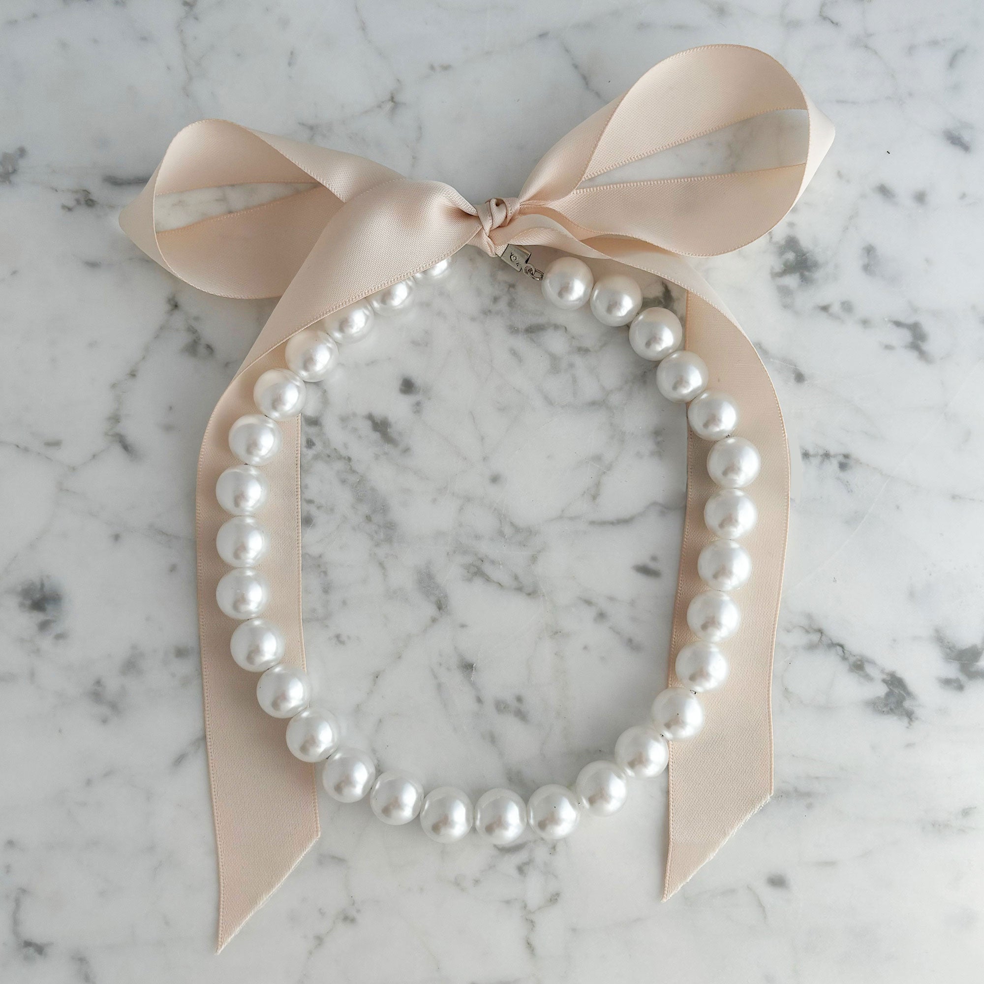 DOTTY vintage champagne satin ribbon tie pearl necklace-GREEN BIJOU