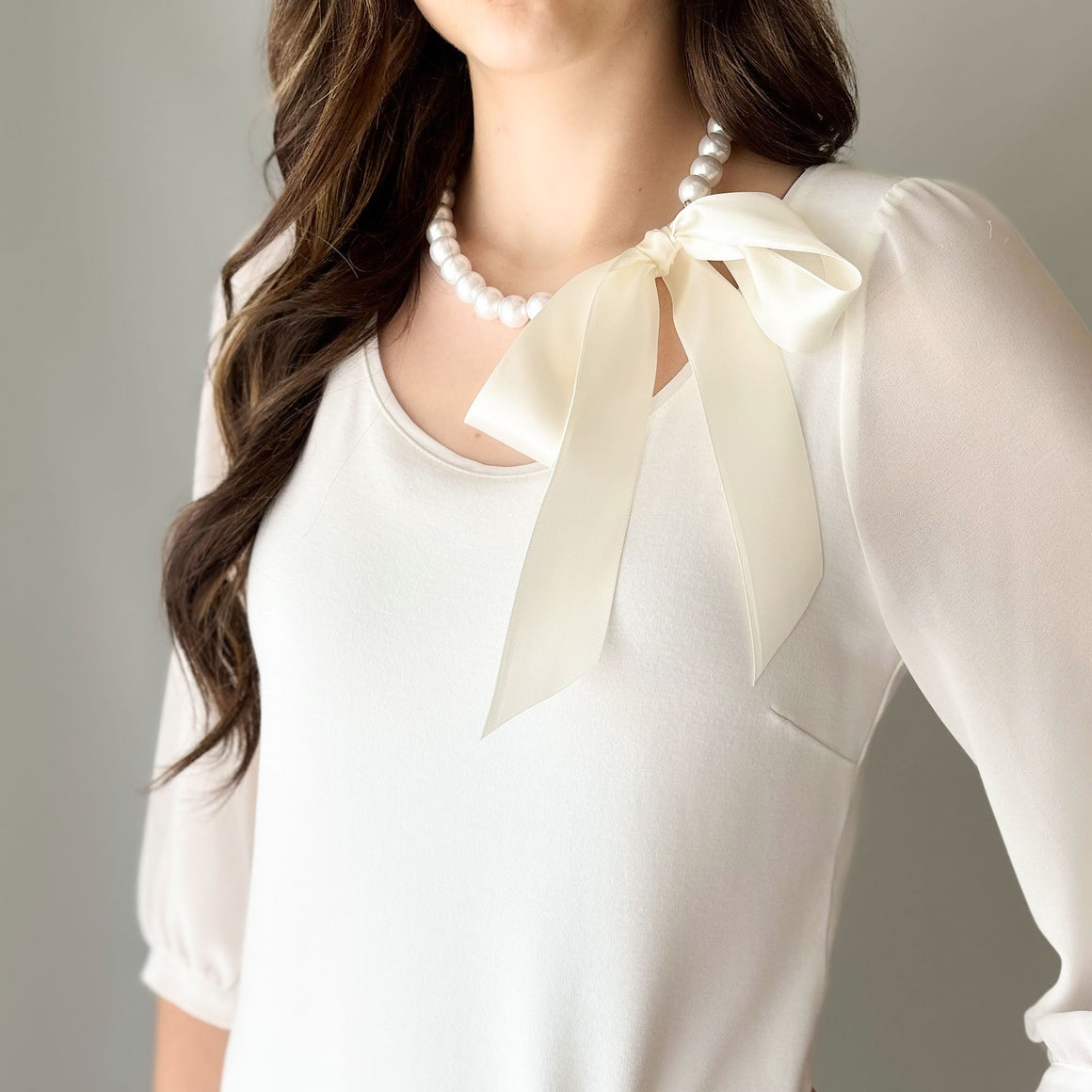 DOTTY wide ivory satin ribbon tie pearl necklace-GREEN BIJOU