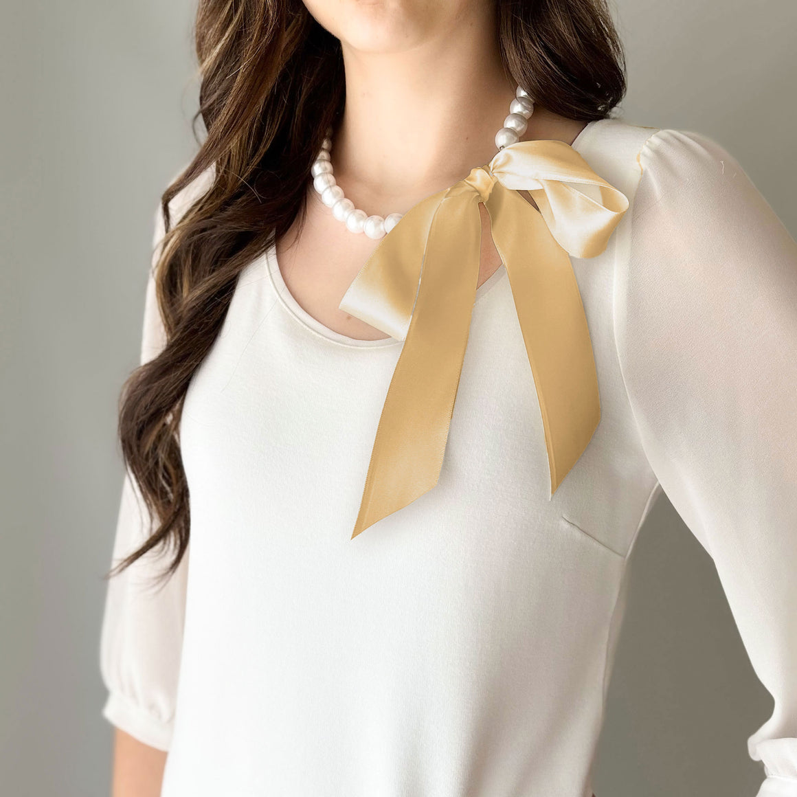 DOTTY wide tan satin ribbon tie pearl necklace-GREEN BIJOU