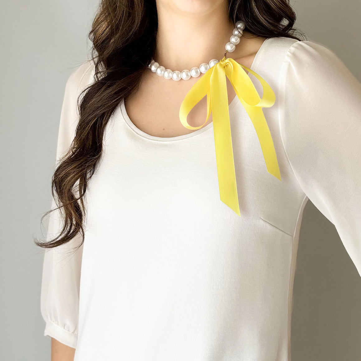 DOTTY yellow satin ribbon tie pearl necklace-GREEN BIJOU