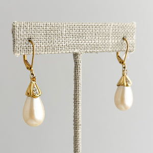 CORTEZ vintage gold capped ivory teardrop pearl earrings