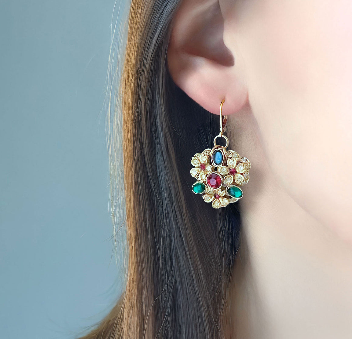 ROSIE vintage gold tone colourful rhinestone flower earrings-GREEN BIJOU