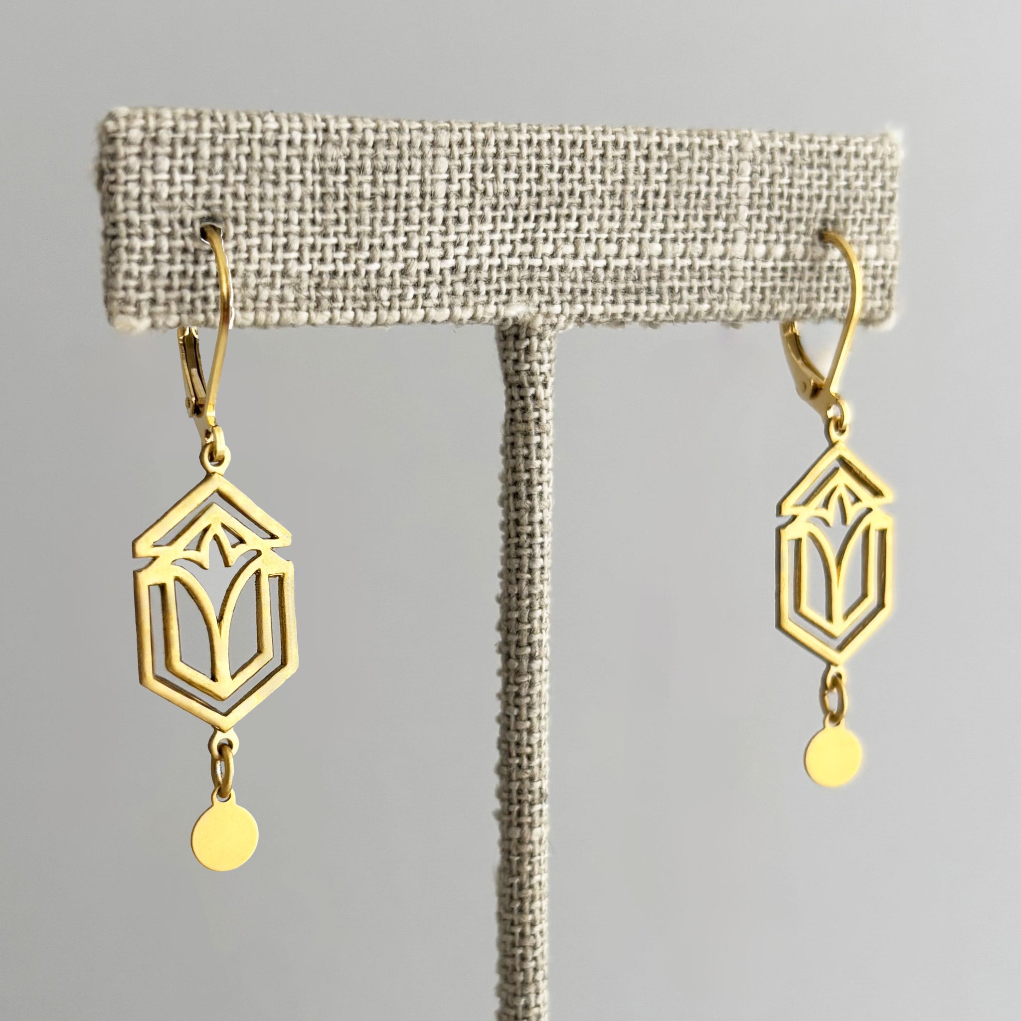 BRYCE Art Deco gold tone pendants and disc dangle earrings