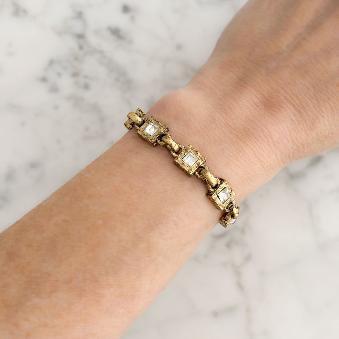 ELAINA vintage oxidized gold rhinestone square link bracelet-GREEN BIJOU