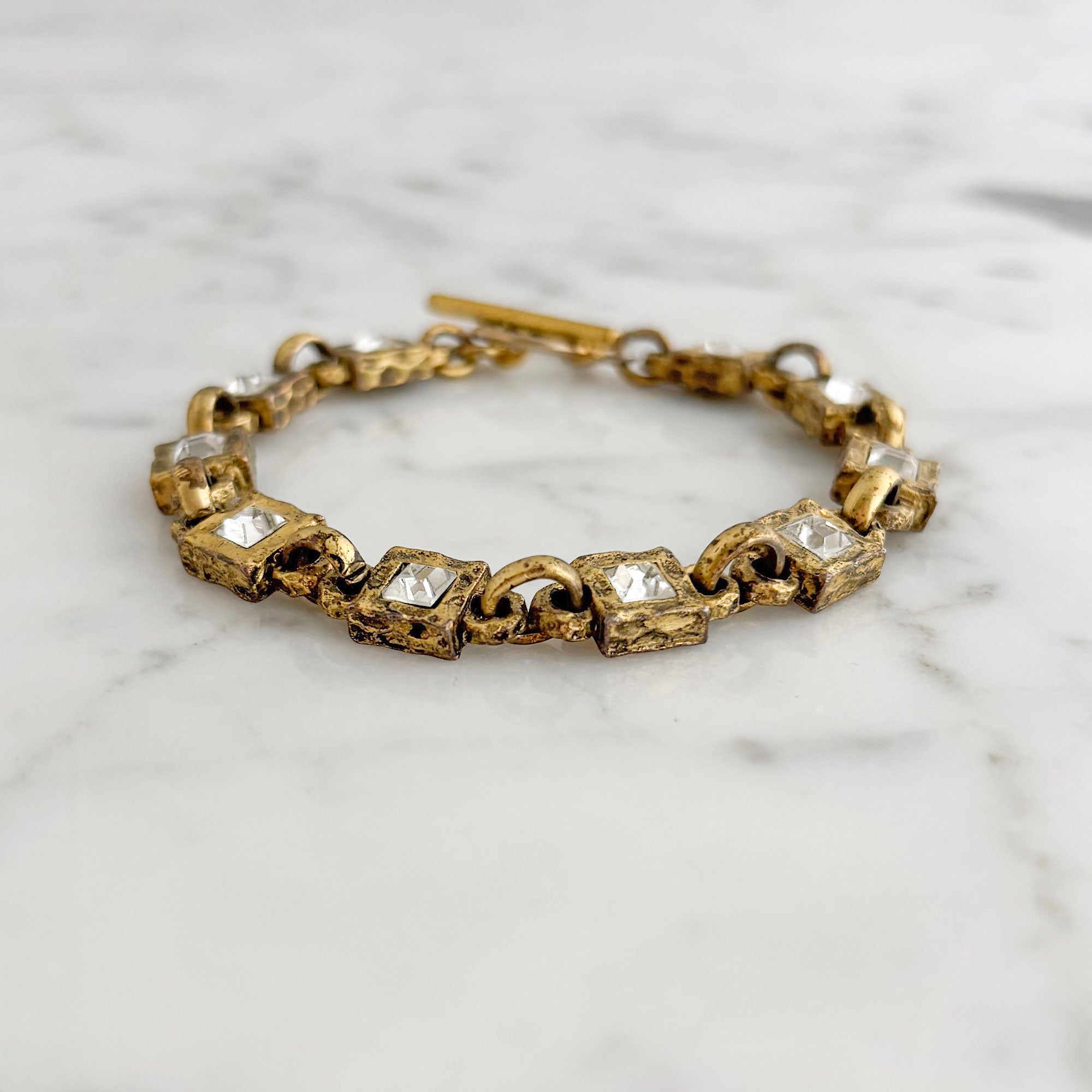 ELAINA vintage oxidized gold rhinestone square link bracelet-GREEN BIJOU