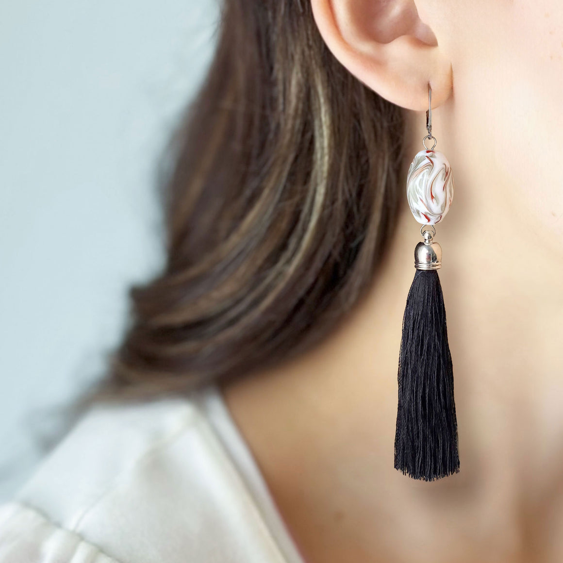 ELYSIA vintage glass bead tassel earrings-GREEN BIJOU