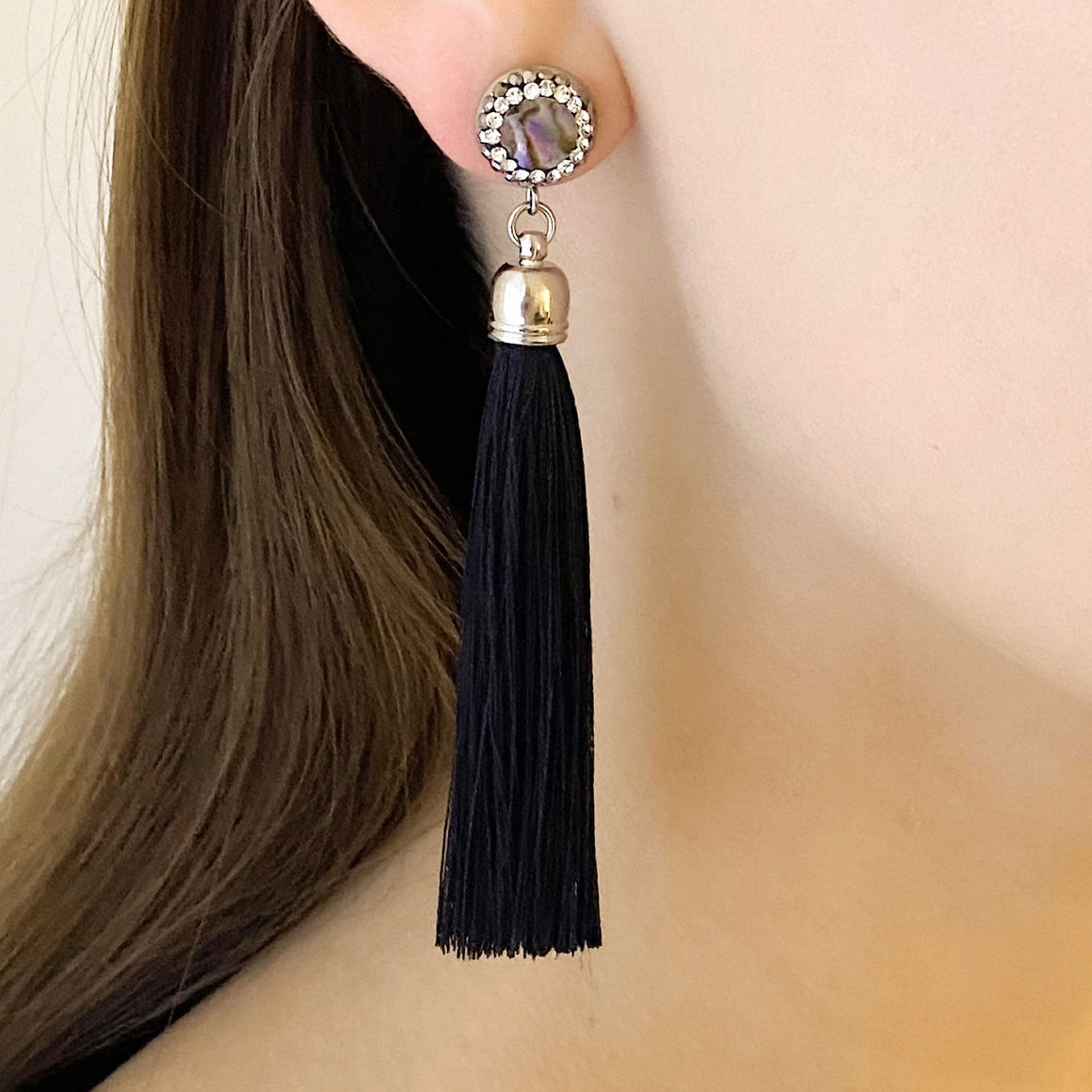 ESSIE black tassel stud earrings-GREEN BIJOU