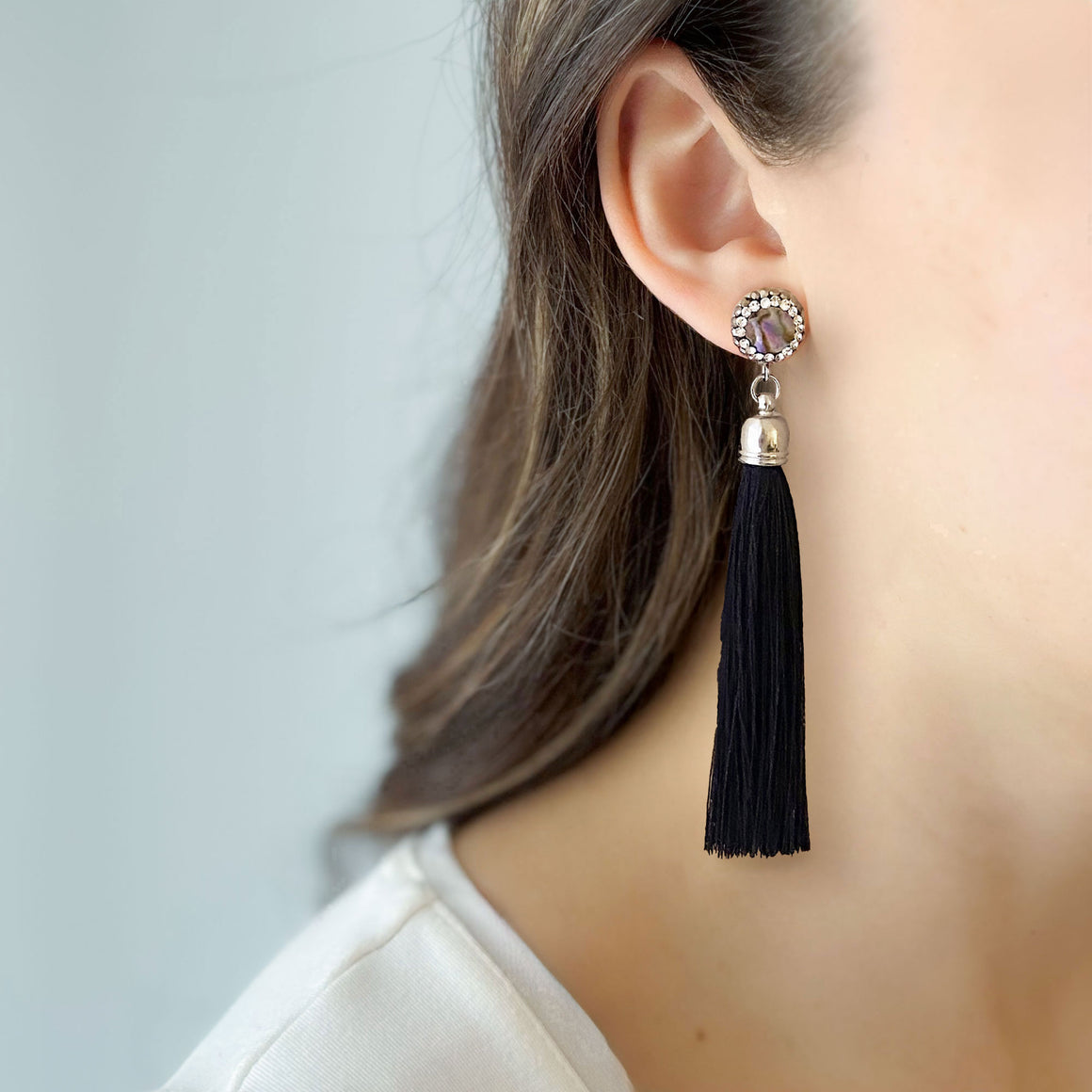 ESSIE black tassel stud earrings-GREEN BIJOU