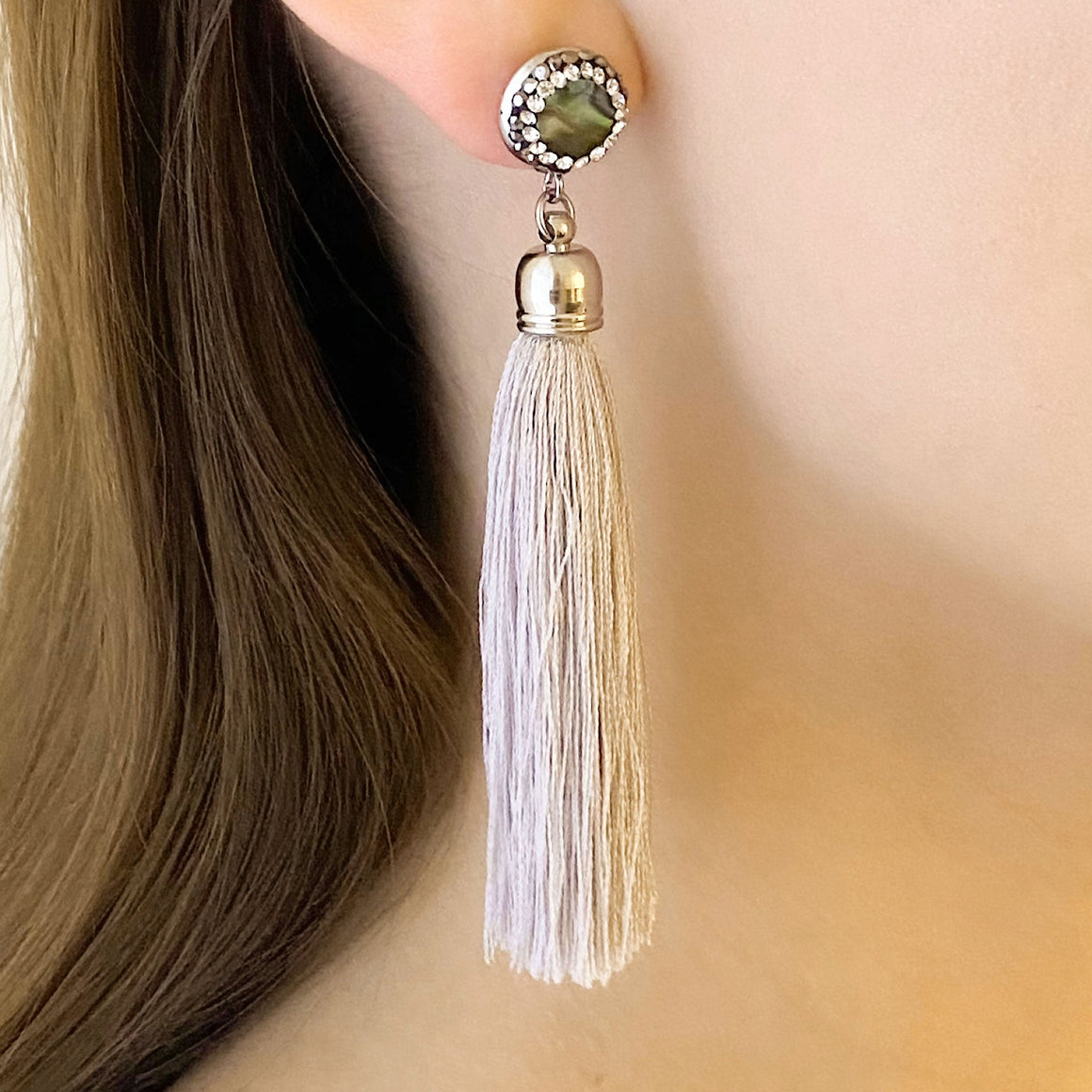 ESSIE grey tassel stud earrings-GREEN BIJOU