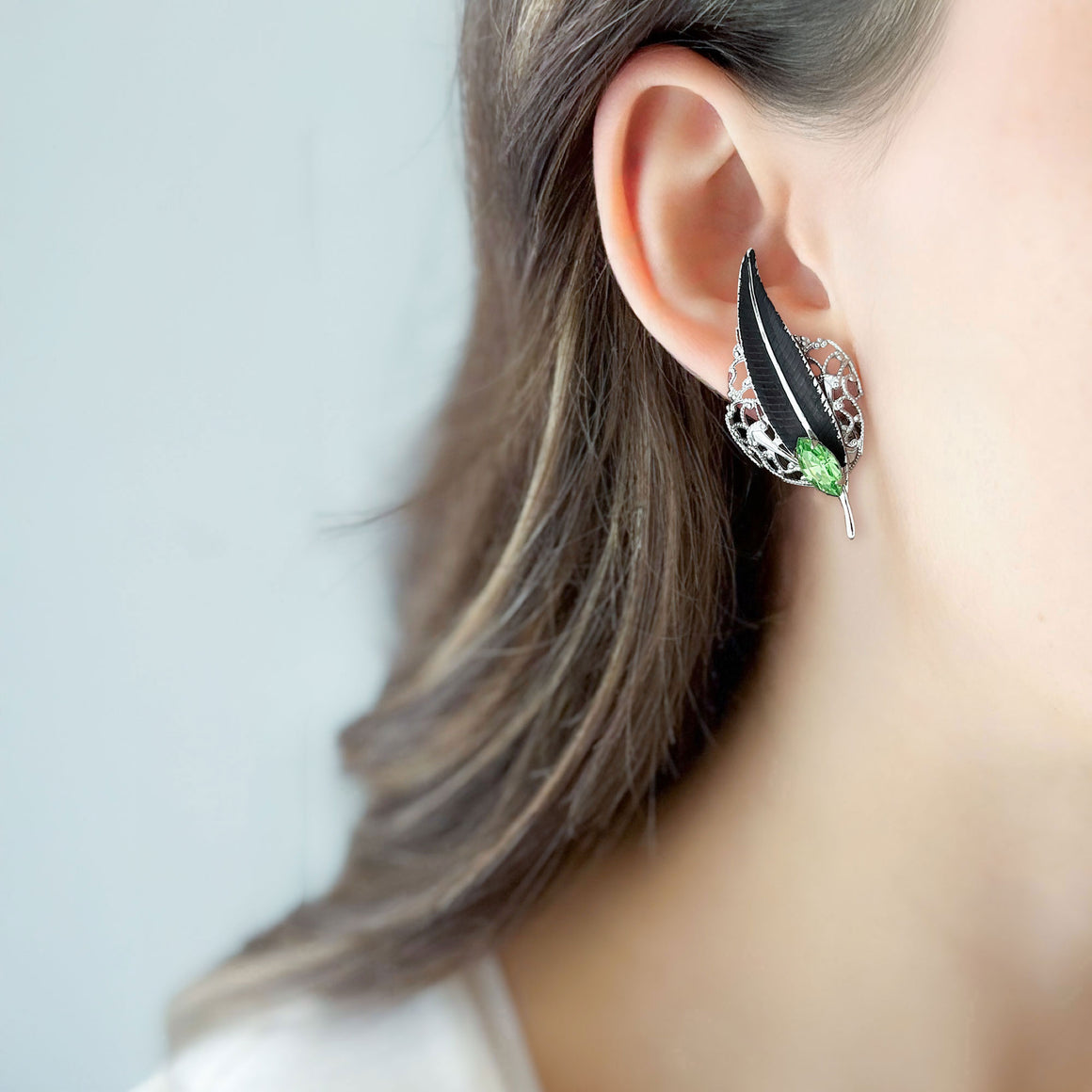 FELDMAN vintage silver black & green crystal clip on earrings-GREEN BIJOU