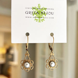 FINN Art Nouveau bronze filigree grey pearl drop earrings - 