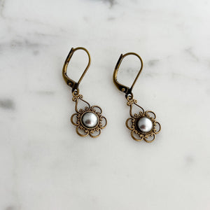 FINN Art Nouveau bronze filigree grey pearl drop earrings - 
