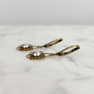 FINN Art Nouveau bronze filigree grey pearl drop earrings - 
