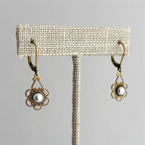 FINN Art Nouveau bronze filigree grey pearl drop earrings-GREEN BIJOU