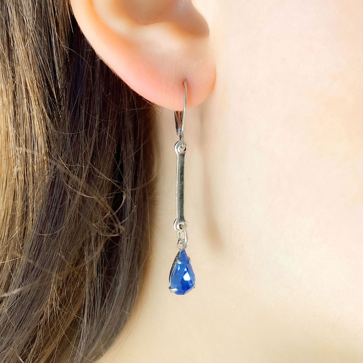 FLORENCE vintage sapphire blue teardrops silver bar earrings-GREEN BIJOU