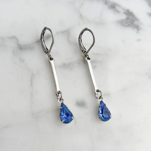 FLORENCE vintage sapphire blue teardrops silver bar earrings-GREEN BIJOU