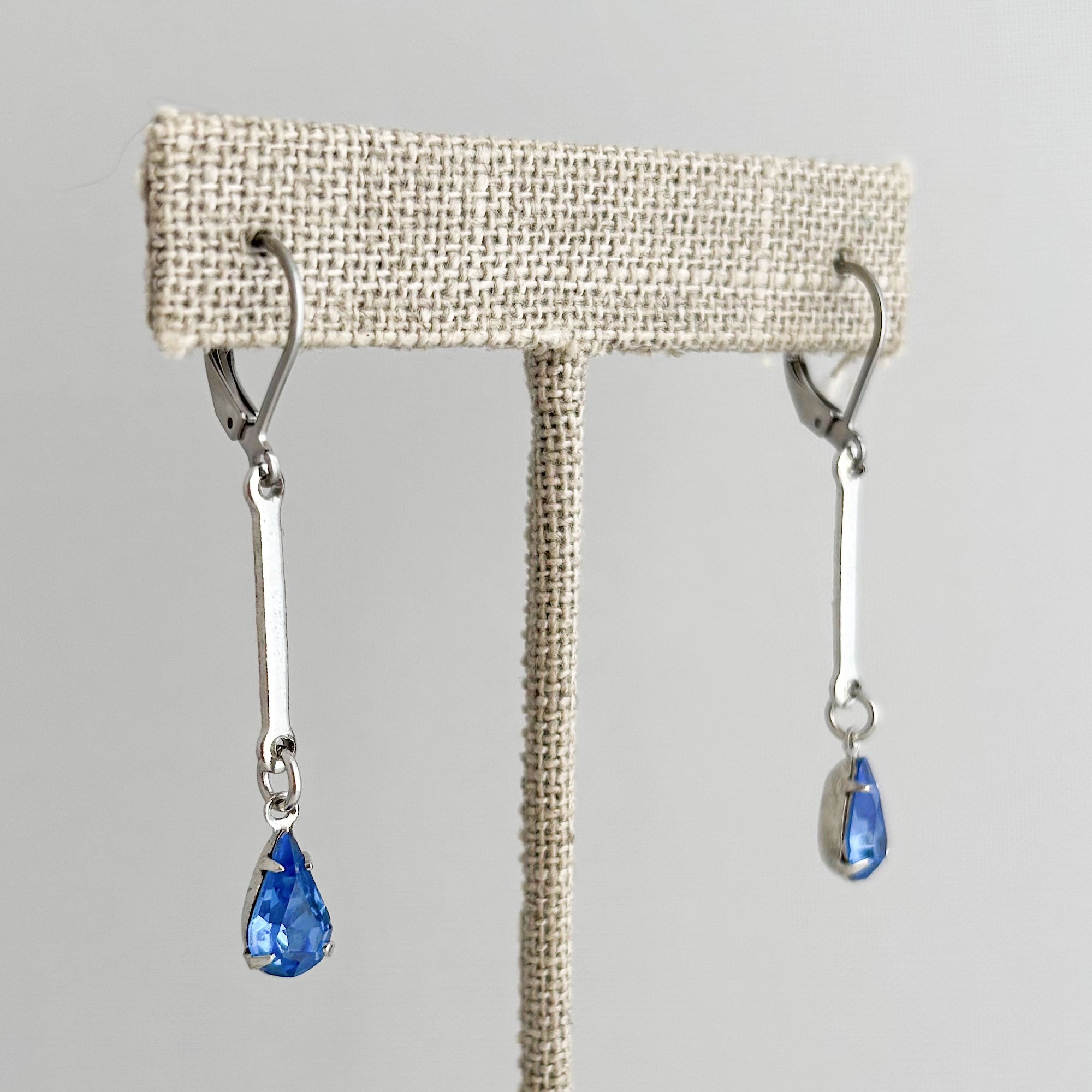 FLORENCE vintage sapphire blue teardrops silver bar earrings-GREEN BIJOU