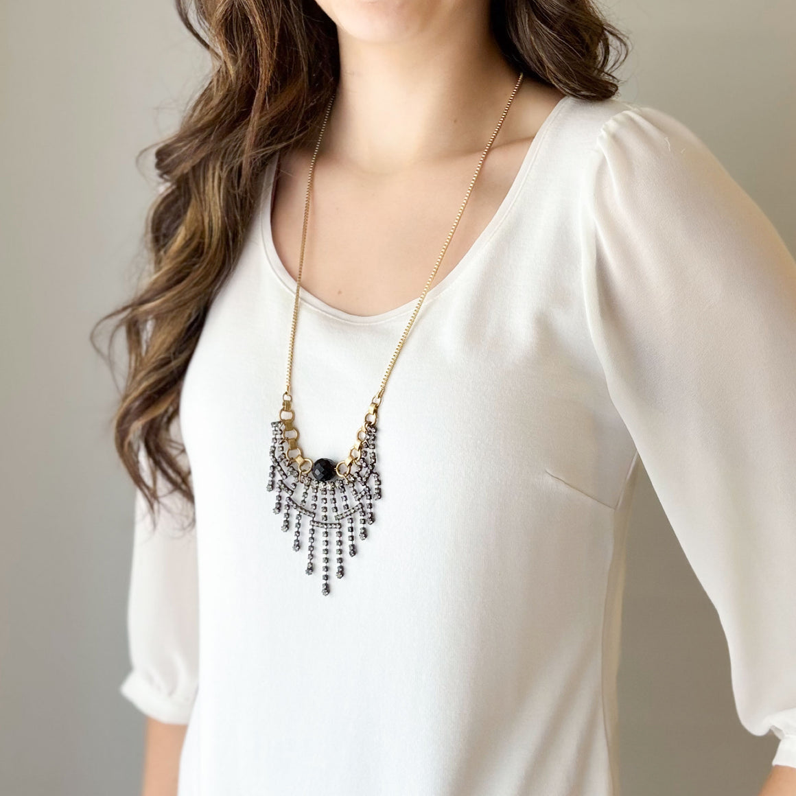 FRANCIS vintage gold black and clear rhinestone necklace-GREEN BIJOU