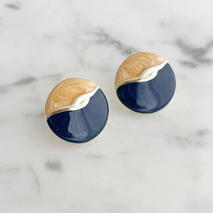 FULLER 1980s navy and goldenrod enamel circle stud earrings-GREEN BIJOU