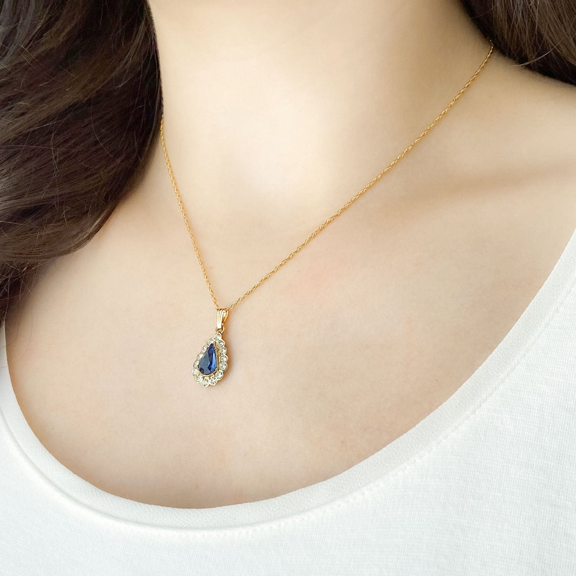 GABLE vintage sapphire and gold teardrop pendant necklace-GREEN BIJOU
