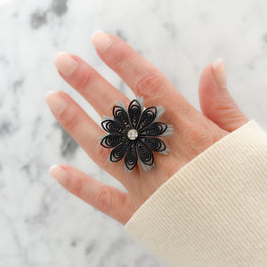 GALAXIE vintage grey black laser cut flower adjustable ring - 