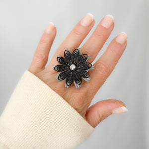 GALAXIE vintage grey black laser cut flower adjustable ring - 