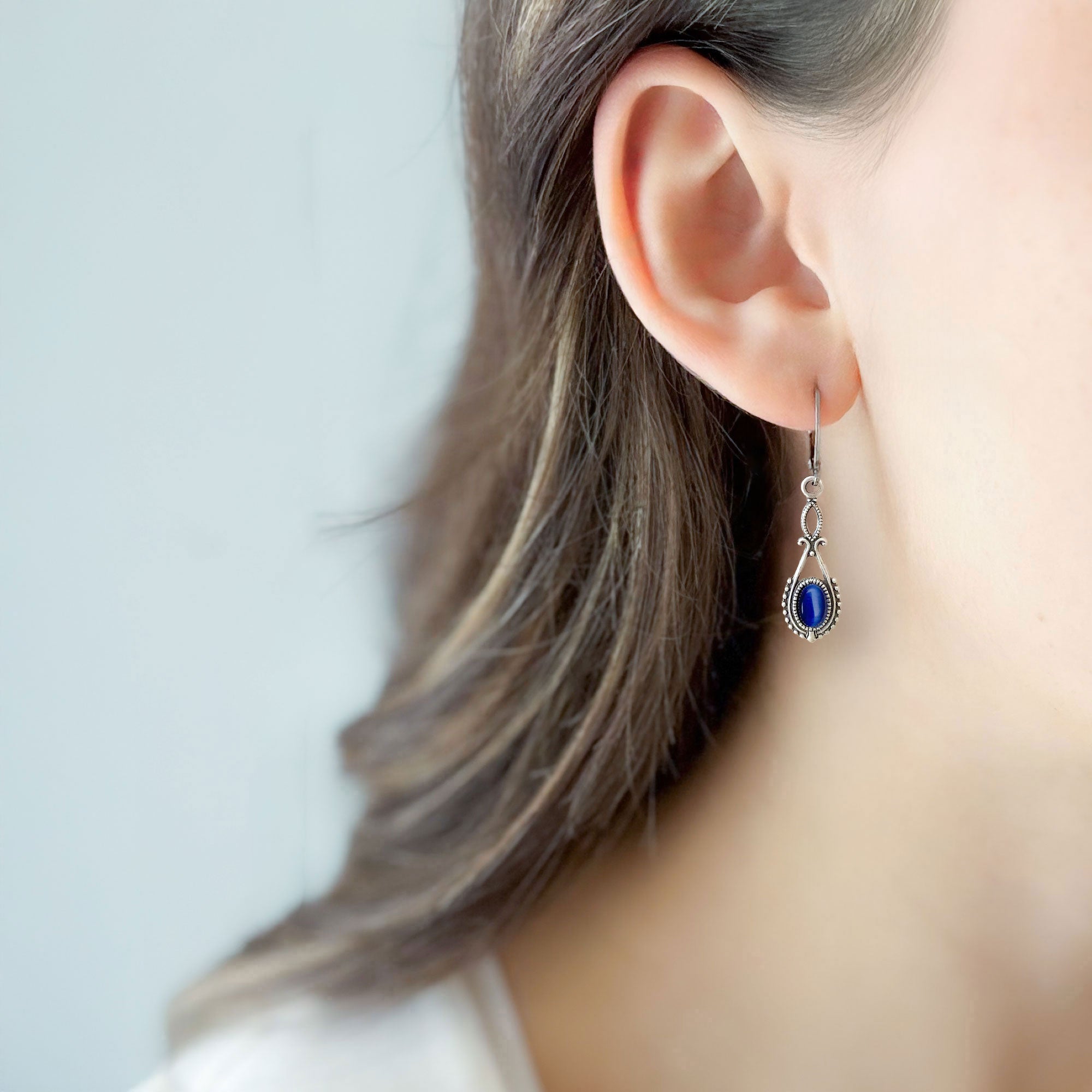 GAVIN silver and blue cat eye earrings-GREEN BIJOU
