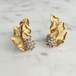 GEROME vintage rhinestone gold cascading leaf clip earrings-GREEN BIJOU