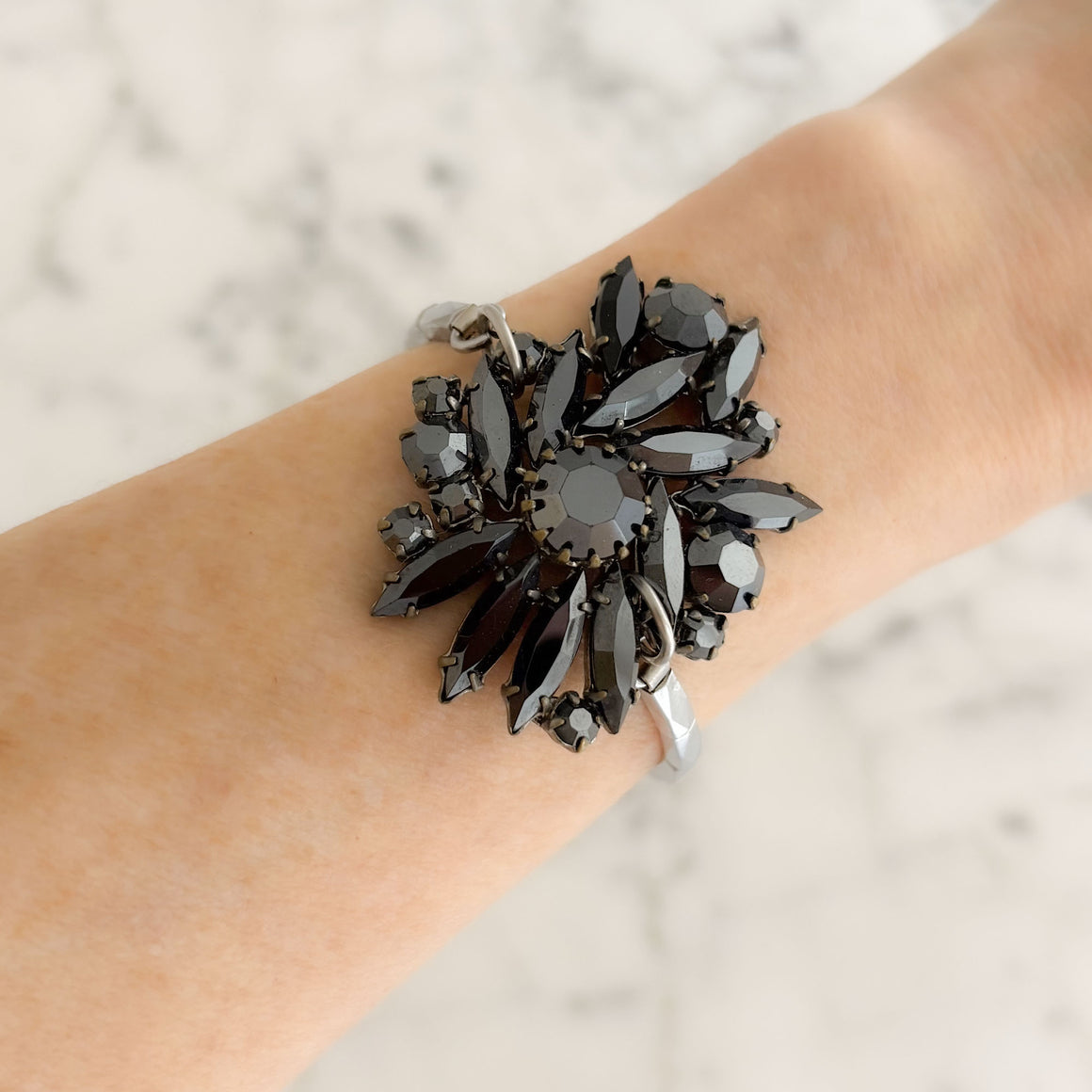GISELLA silver expansion watch band black floral bracelet-GREEN BIJOU