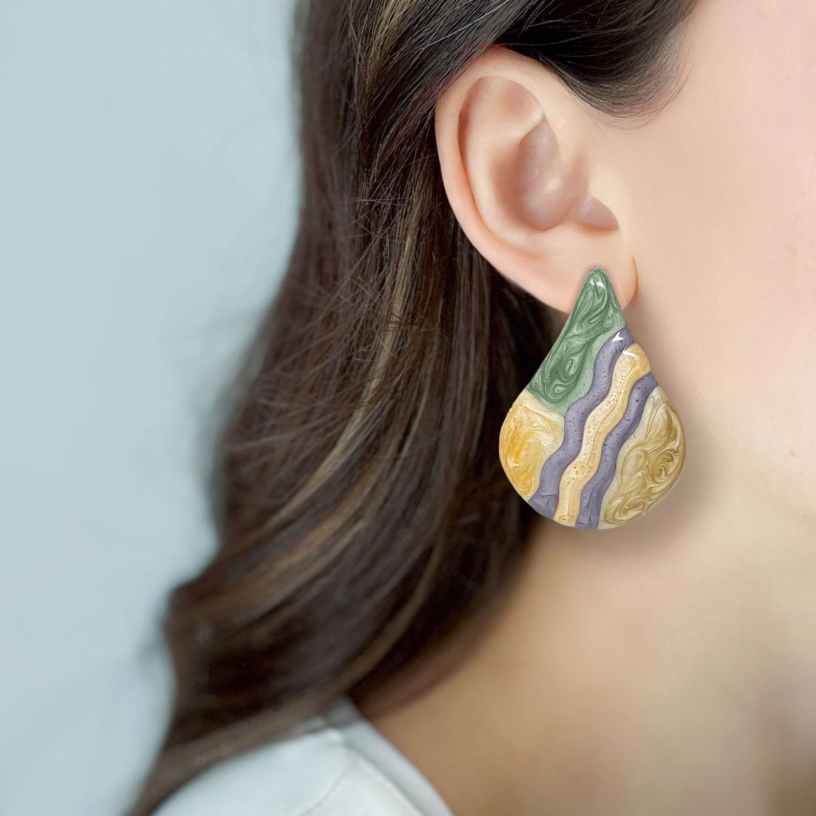 GRAYSON vintage multi coloured enamel teardrop stud earrings-GREEN BIJOU