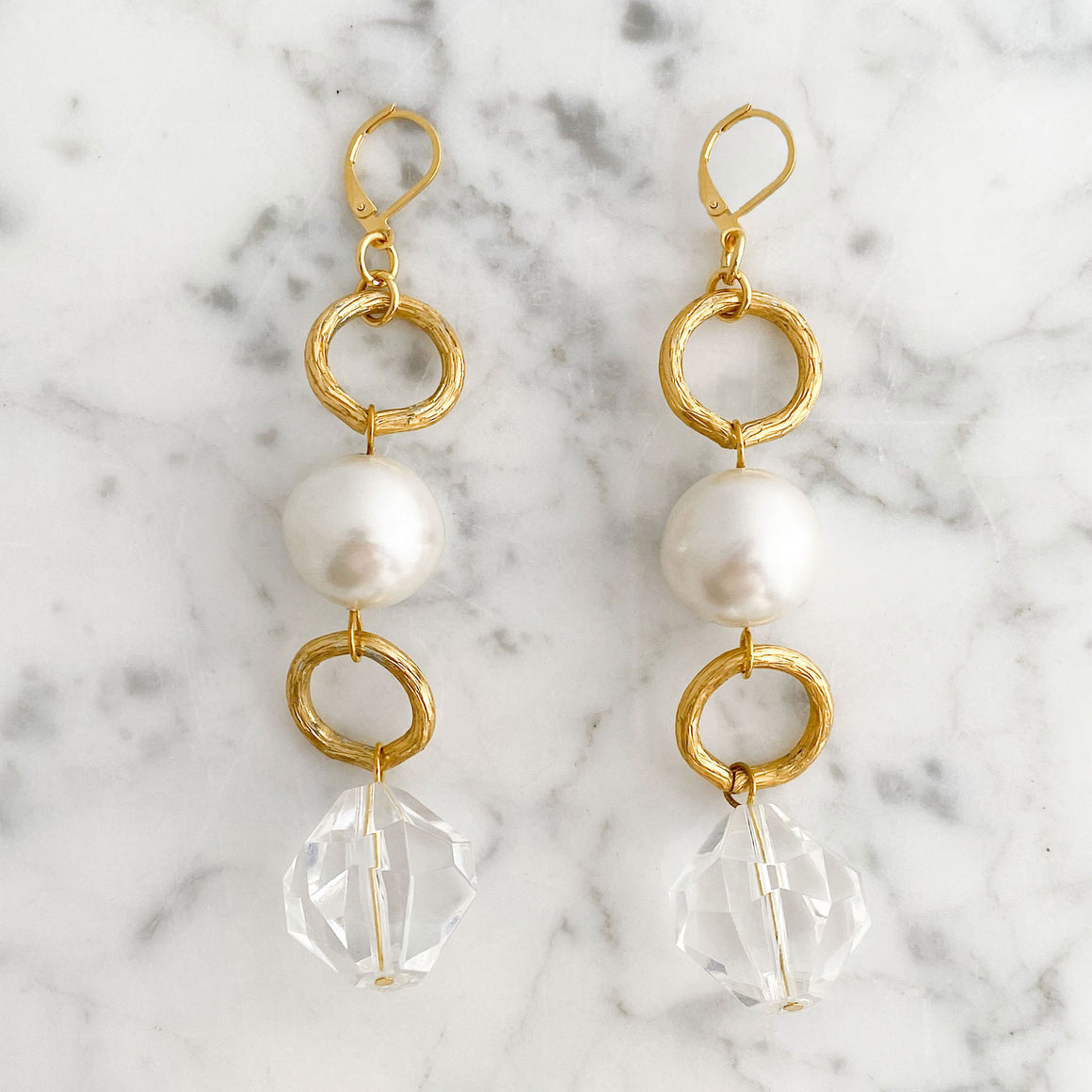 Gold Pearl & Crystal Shoulder Duster Earrings | Long Statement Earrings | CARALYNN-GREEN BIJOU