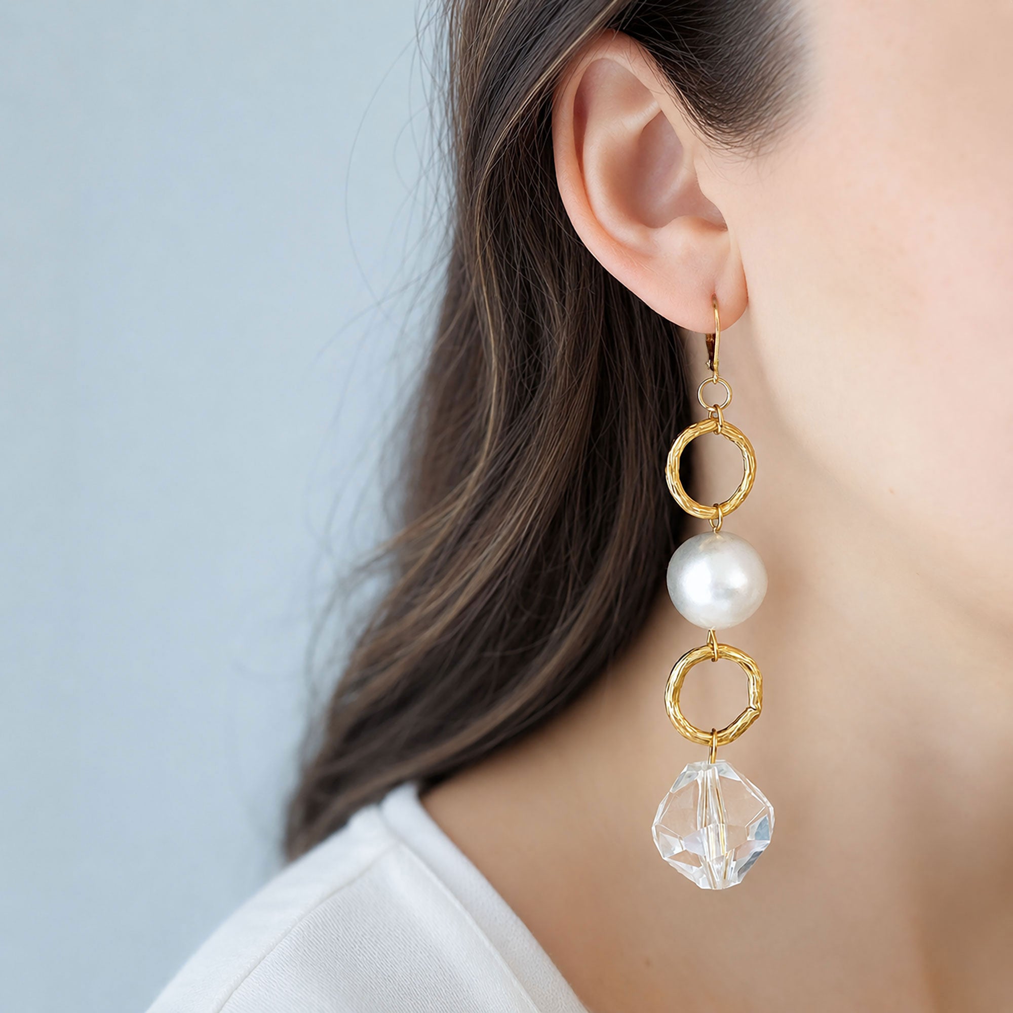 Gold Pearl & Crystal Shoulder Duster Earrings | Long Statement Earrings | CARALYNN-GREEN BIJOU