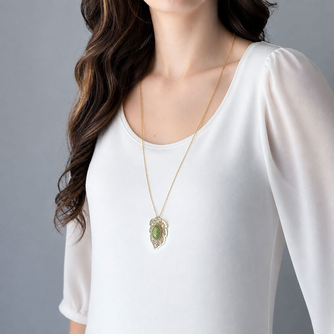 Green Vesuvianite Pendant Necklace | Vintage Gold Filigree Leaf Necklace | PORTER-GREEN BIJOU