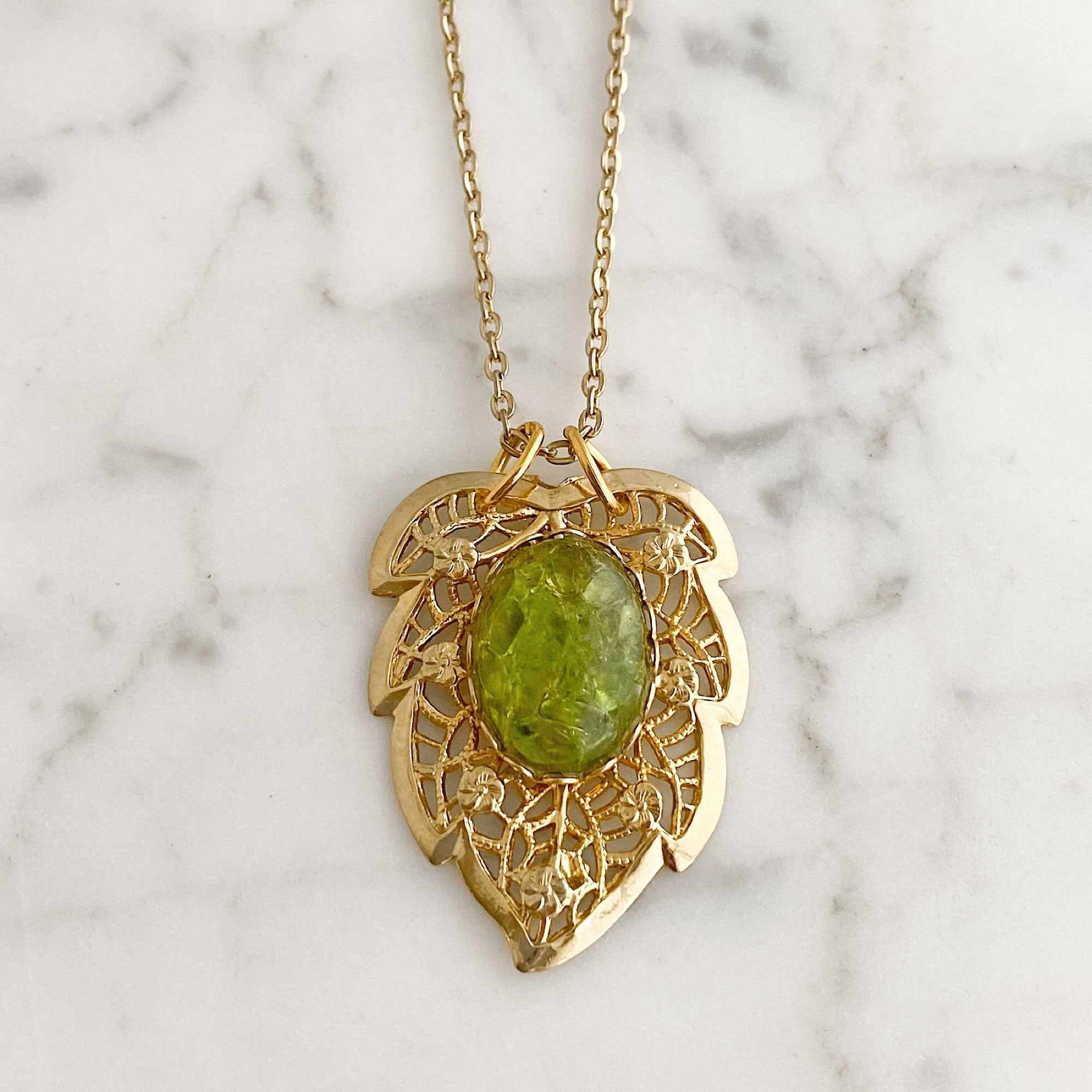 Green Vesuvianite Pendant Necklace | Vintage Gold Filigree Leaf Necklace | PORTER-GREEN BIJOU