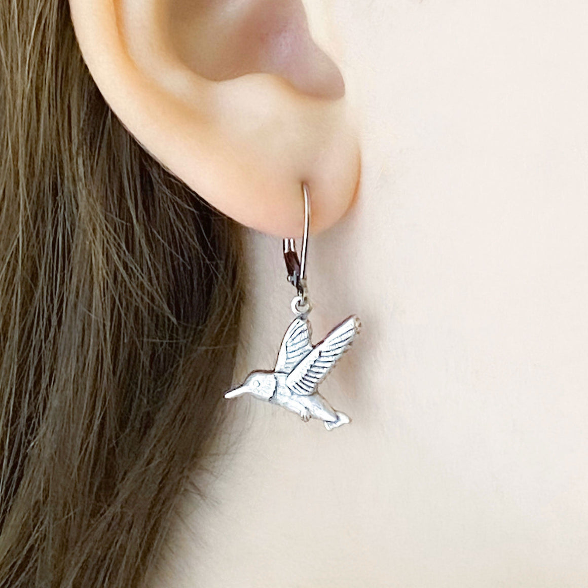 HANNAH oxidized silver hummingbird earrings-GREEN BIJOU