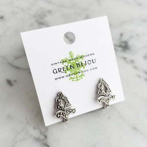 HARRINGTON Art Nouveau silver tone marcasite clip earrings-GREEN BIJOU