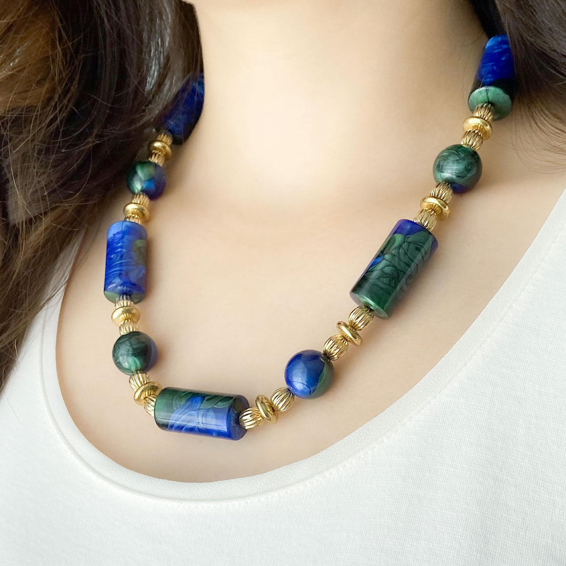 HASSIE vintage gold Monet blue green marbled bead necklace-GREEN BIJOU