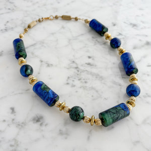HASSIE vintage gold Monet blue green marbled bead necklace - 