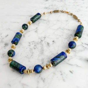 HASSIE vintage gold Monet blue green marbled bead necklace - 