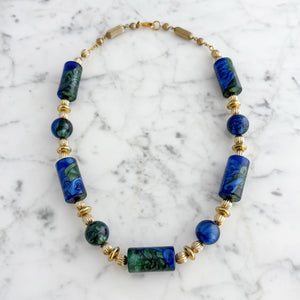 HASSIE vintage gold Monet blue green marbled bead necklace-GREEN BIJOU