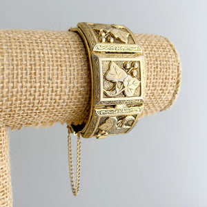 HAZEL vintage gold tone grape leaves motif hinged bangle - 