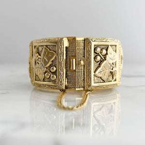 HAZEL vintage gold tone grape leaves motif hinged bangle - 