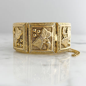 HAZEL vintage gold tone grape leaves motif hinged bangle-GREEN BIJOU