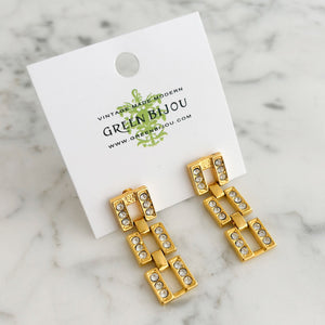 HILDY clear rhinestone and gold tone panther chain earrings-GREEN BIJOU