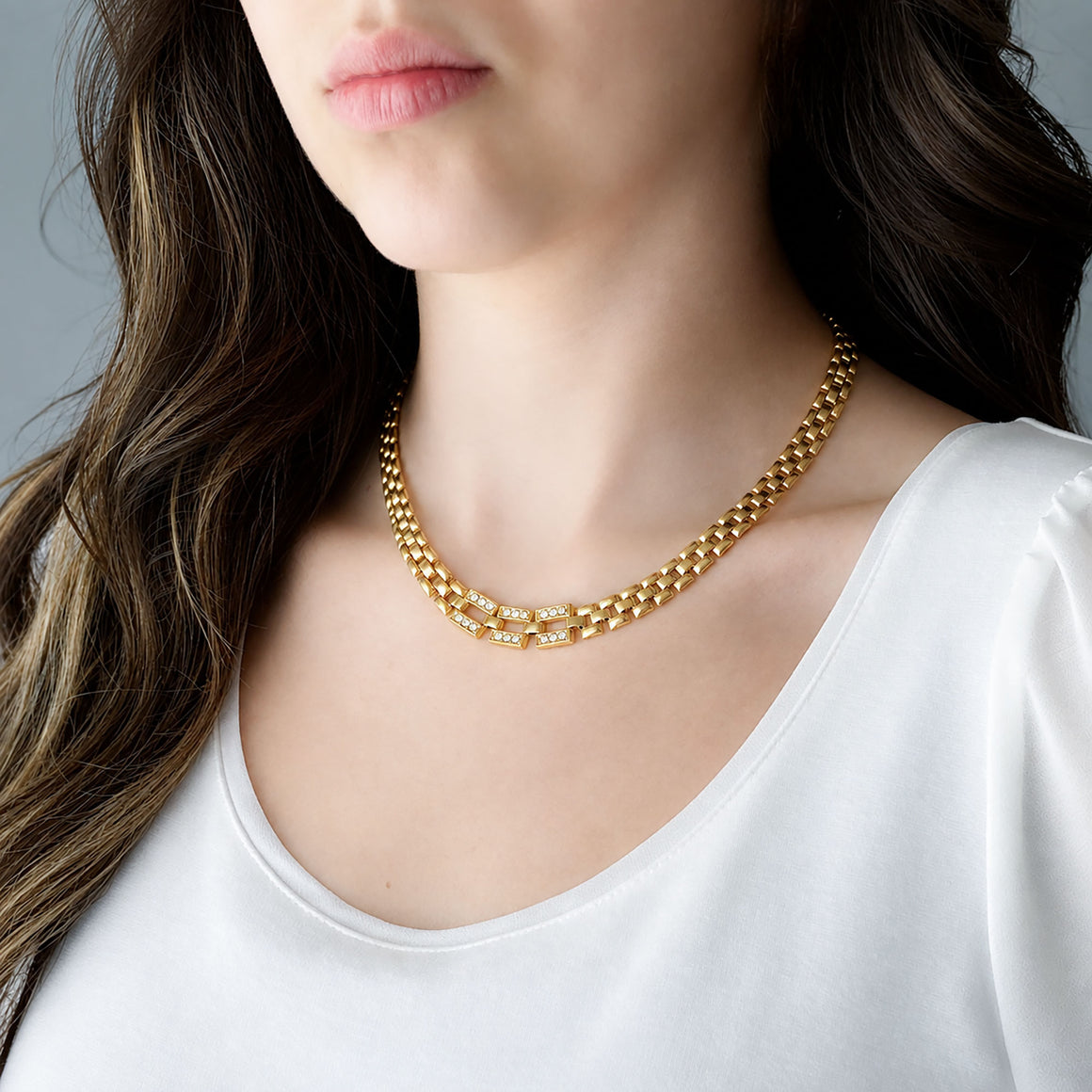 HILDY clear rhinestone and gold tone panther chain necklace-GREEN BIJOU