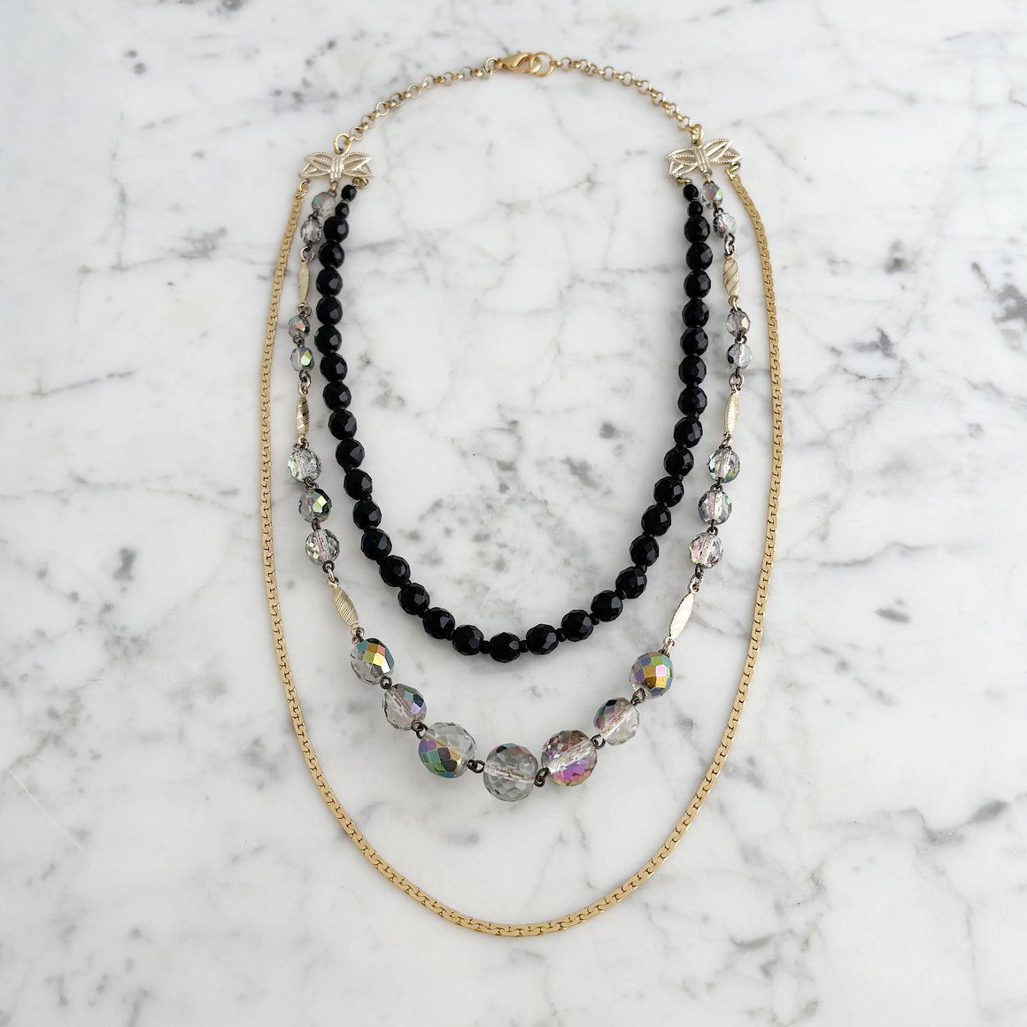 HILTON vintage crystal black and gold multi strand necklace-GREEN BIJOU