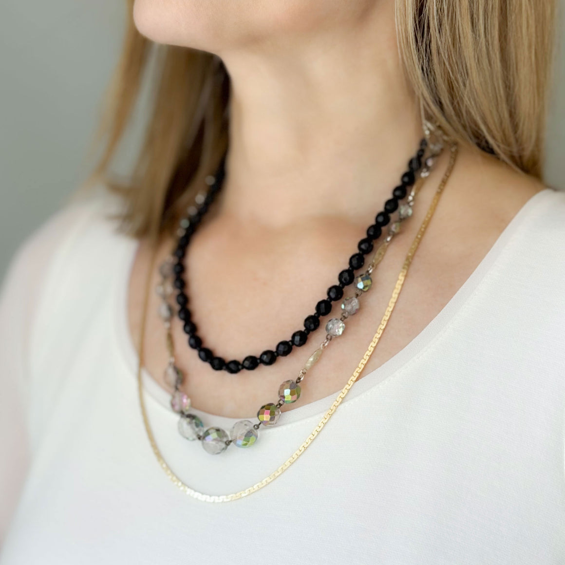 HILTON vintage crystal black and gold multi strand necklace-GREEN BIJOU