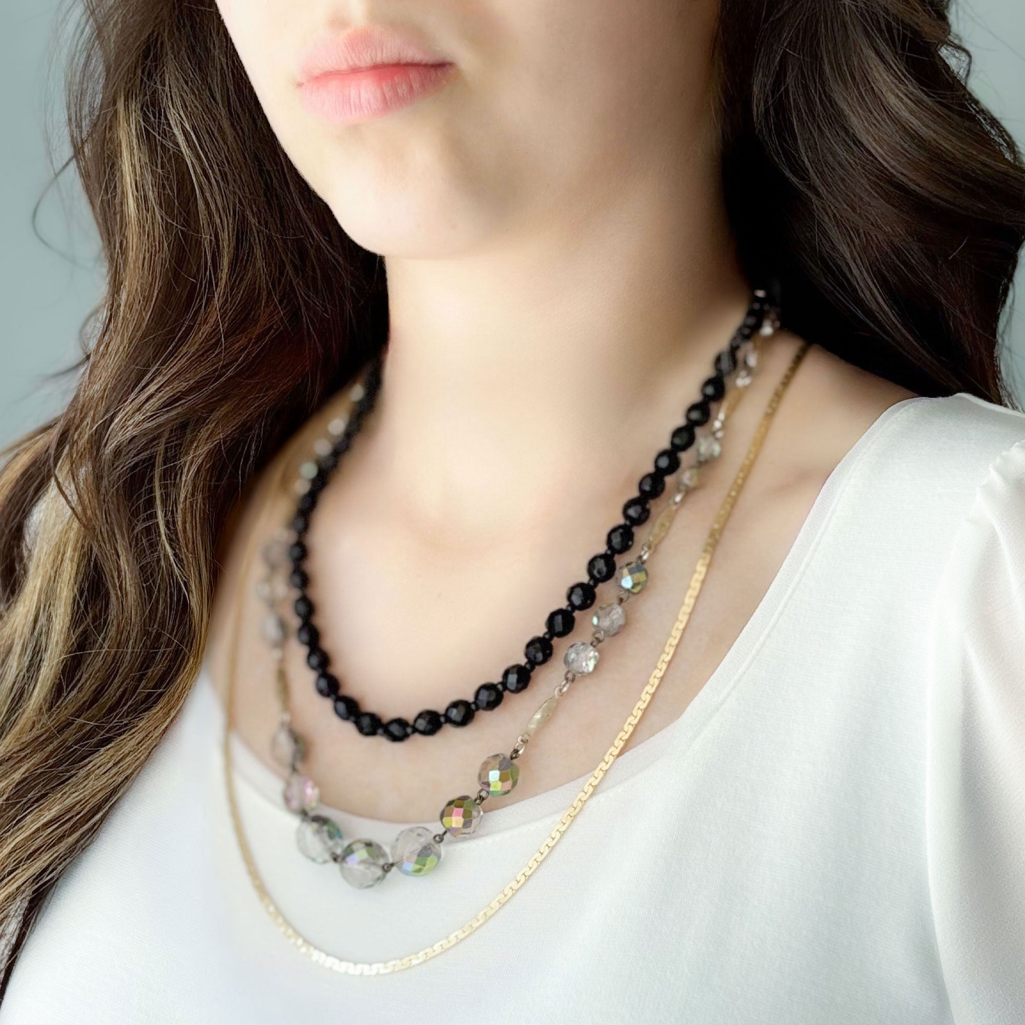 HILTON vintage crystal black and gold multi strand necklace-GREEN BIJOU
