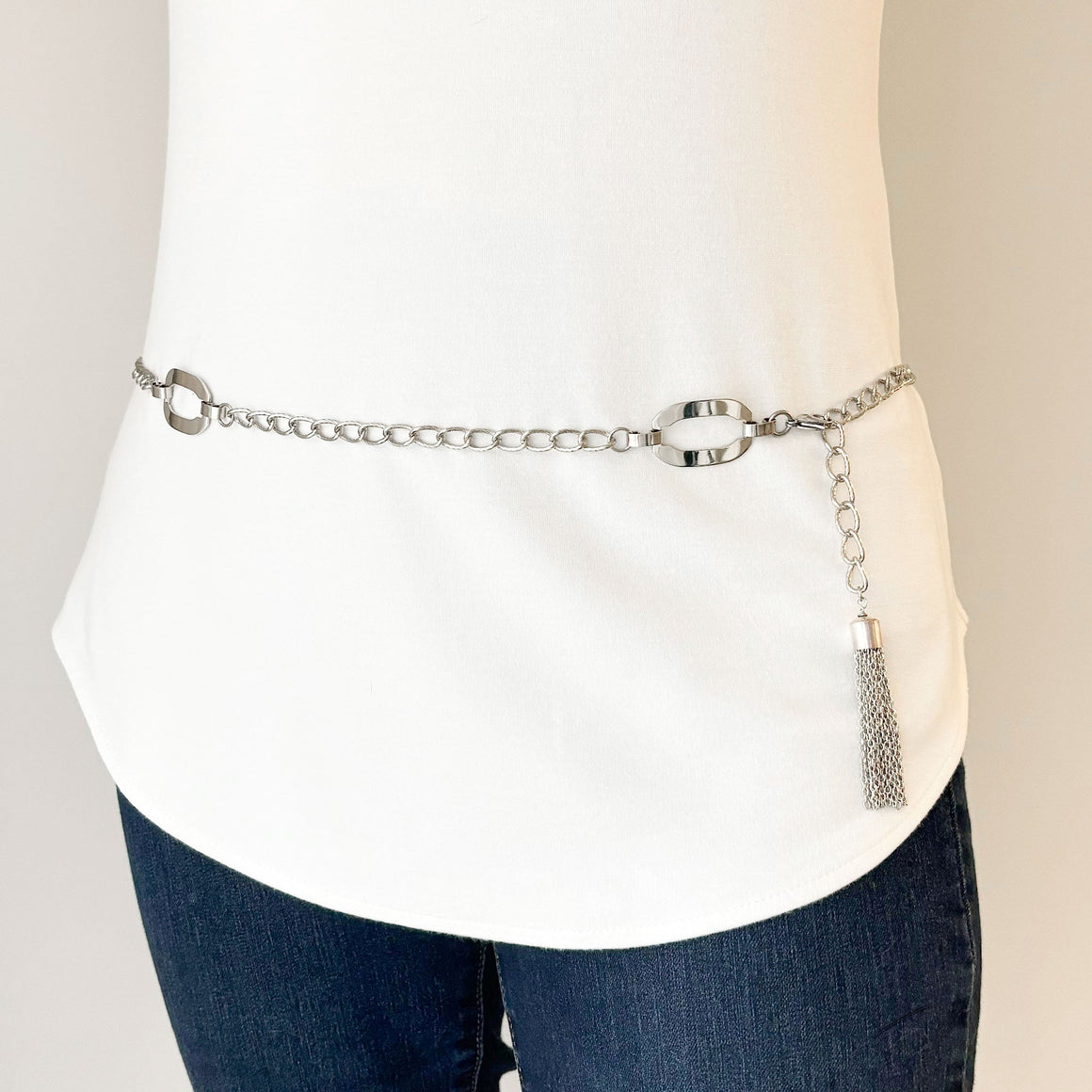 HOLMAN vintage silver oval links chain belt with tassel-GREEN BIJOU