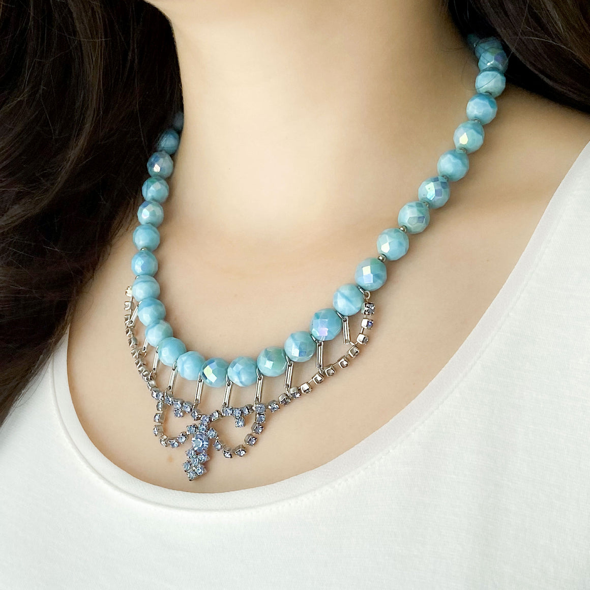 ITZEL vintage light blue bead and rhinestone bib necklace-GREEN BIJOU